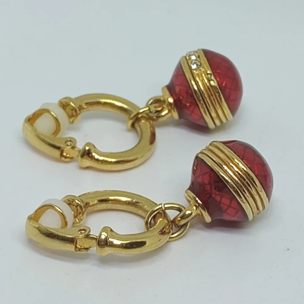 * signed Swarovski red Christmas ornament dangle clip on earrings